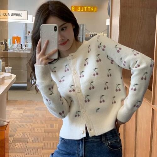Embroidered Cherry Sweaters Cardigan Women Autumn Winter O-Neck Button Solid Short Knitted Jacket Loose Oversized Mujer Chaqueta