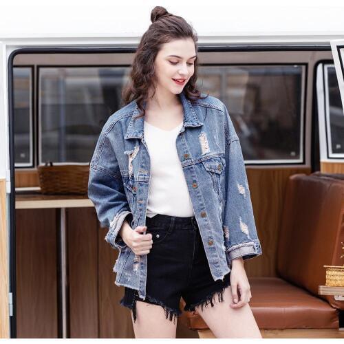 Loose Ripped Cotton Womens Denim Jacket Plus Size Female Autumn Vintage Holes Jean Jacket Large Woman Street Wear Coat Oversize