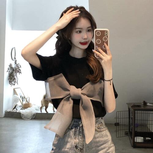 Korean Style Top Summer Womens Clothing 2021 New Tide Design Sense Bow Short-sleeved T-shirt Blouse Summer Short Top