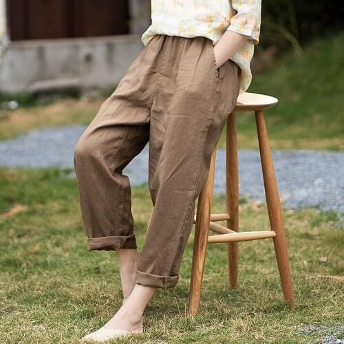 Spring multicolor linen elastic waist versatile loose casual pants female A41