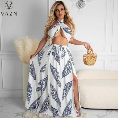 VAZN 2021 Holiday Boho Beach Striped Sleeveless Halter Top With Long Skirts Skinny Women 2 Piece Set