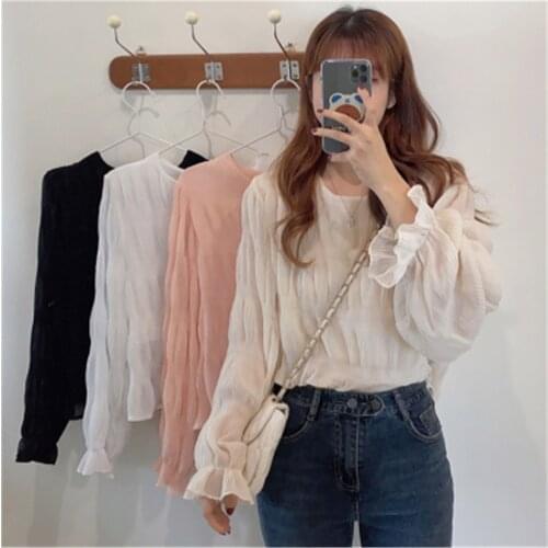 2021 Blusas Mujer Autumn New Korean Shirt O Neck Long Sleeve Elegant Blouse Women Solid Color Casual Fashion Tops ZY5490