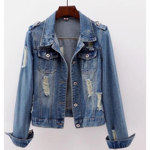 Plus Size Retro classic Holes Denim Jacket Women 2018 Spring Slim Cotton Light Washed Long Sleeve Jeans Jacket Coats