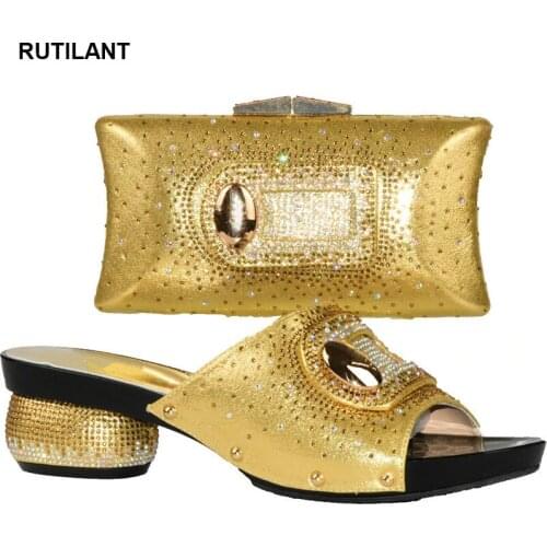 Shoes and Bag Set Gold Color African Matching Shoe and Bag Set Decorated with Rhinestone Nigerian Shoes and Bag Set for Women