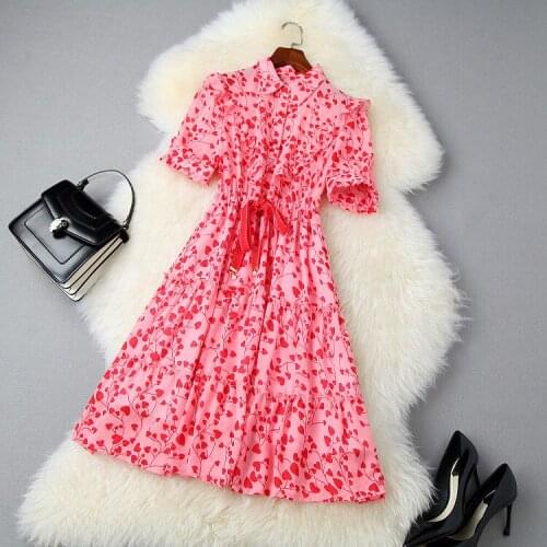 American European womens and wear 2021 summer new style Short sleeve lapel print Draw string Fashionable dress