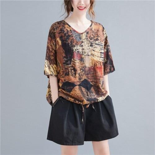 Print Pattern Tie Dye Vintage T Shirts 2021 New Arrival Thin Soft Cotton Linen Loose Summer T Shirts Women Casual Top Tshirt