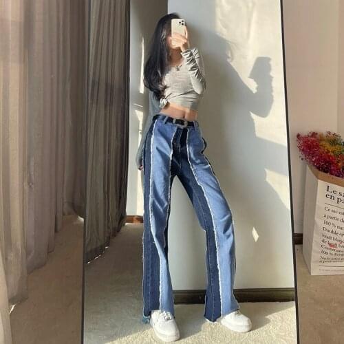 2021 Spring Summer Retro Patchwork Jeans Tassel Straight Denim Pants Women Cargo Mom Vintage Trousers Streetwear Blue Jeans