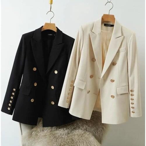 Double-breasted Womens Blazer Streetwear 2021 Spring autumn Slim Long-sleeved Lady Suit Outwear Black Casual Female Blazer Coat