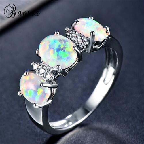 Bamos Retro White Fire Opal Ring Oval Stone Rainbow Ring For Women Silver Color Fine Jewelry Party Accessories