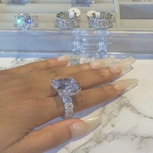 US size 6 7 8 Big CZ luxury wedding ring for women silver Color baguette 5A cz cubic zirconia iced out bling engagement rings