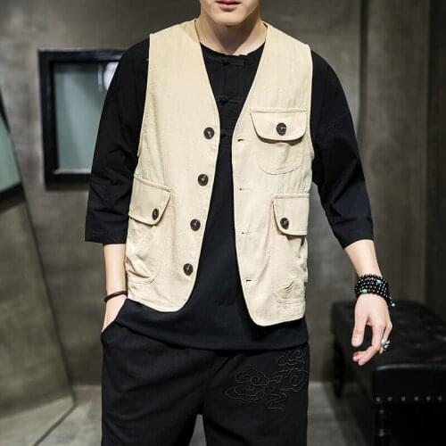 New Mens Chinese Style Cotton Linen Vest Sleeveless Coat Thin Waistcoat Casual M3