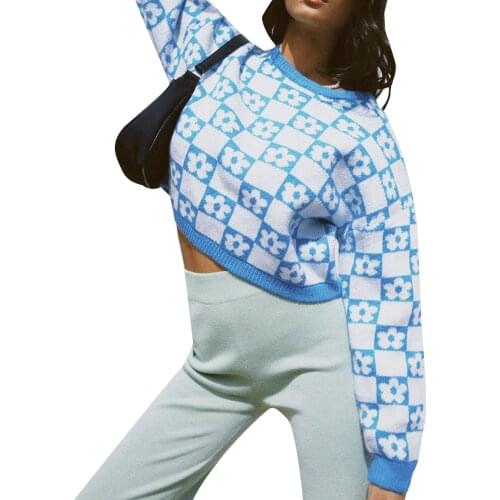 2021 Women Blue Print Round Neck Sweaters Long Sleeve Checkerboard Floral Print Loose Knit Crop Tops