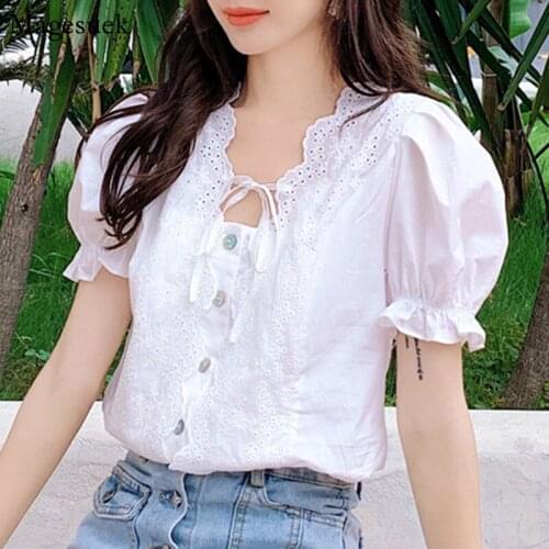 2021 Summer Sweet Hollow Crochet Lace Shirt Women Korean Puff Short Sleeve White Blouses Square Collar Shirt Top Blusas 10046