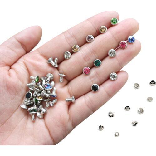 50Sets 6mm Color Crystal Rhinestone Silver Rivets Diamante Stud DIY Crafts Clothing Leather Decor Rebite Spikes Glass Drill Nail