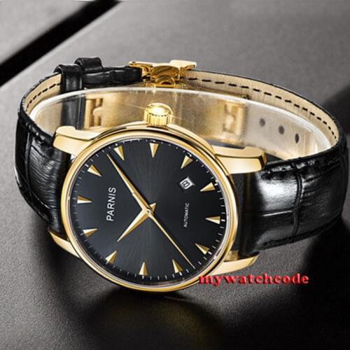 38mm parnis black dial golden plated case miyota automatic mens wrist watch P665