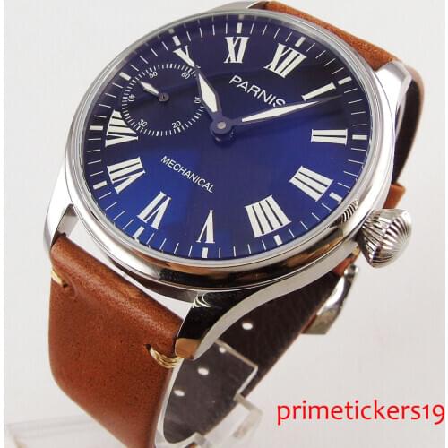 Roman numbers blue dial 6497 movement leather strap 44mm polished case hand winding watch