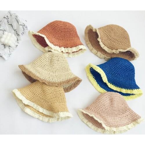 Baby Straw Hat Summer Patchwork Sun Protection Caps 48-50cm Child Foldable Lace Japanese Style Kids Bucket Hats Соломенная шляпа