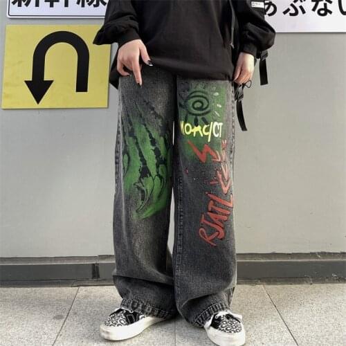 Spring Autumn New Men Women Denim Trousers Korea Vintage Washed Cotton Graffiti Printing Loose Straight Wide-Leg Pants 6677a