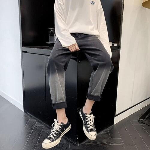 Gradient Jeans Casual Loose Washed Nine-point Trousers Mens Trendy Denim Straight Wide-leg Pants Black Streetwear Thin Summer