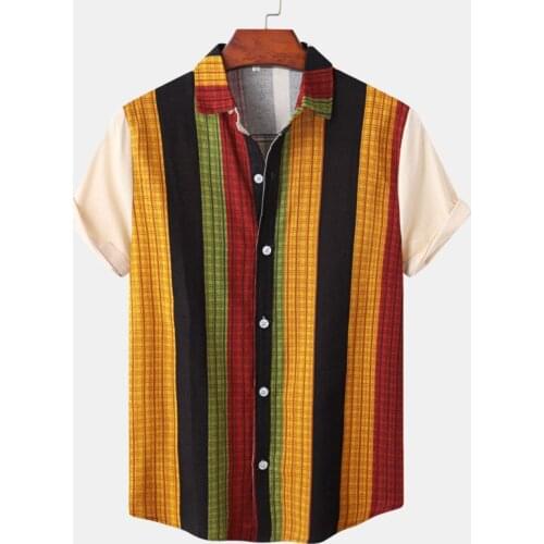 Fashion Hawaiian Men Shirt Blouse Multicolor Vertical Striped Short Sleeve Casual Buttons Cotton Beach Oversized Men Shirts