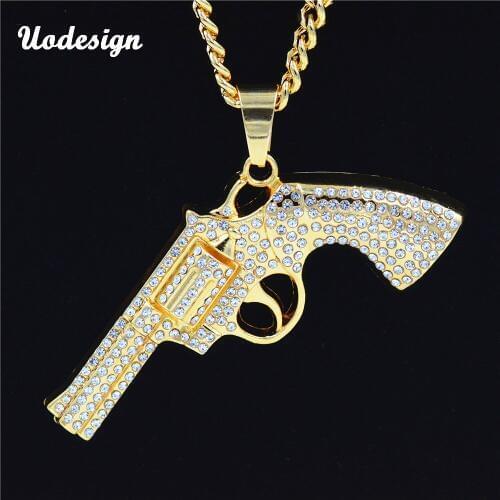 Hip Hop Gun Shape Crystal Golden Pendant Top-grade Quality Necklaces Men Womens Fashion Jewelry Gifts