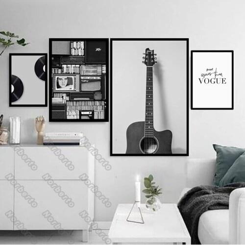 Retro and Nostalgic Style Canvas Painting Poster Vintage Gray Old Pictures Records Disk Disc Guitar for Home Rooms Wall Decorat