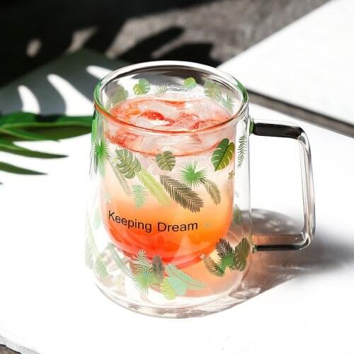 Fashion Creative Borosilicate Glass Coffee Mug Double Wall Fruit Juice Cup Nordic Ins Green Leaf Wind Coffee Tea Cup Beer Glass