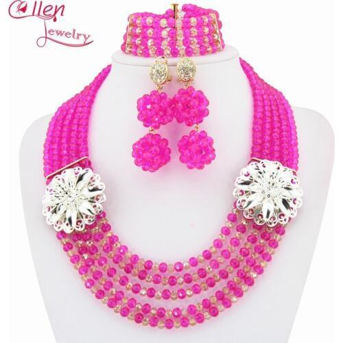 High Quality 5 Rows Hot Pink african Crystal beads Jewelry Set Nigerian Wedding Gift Bridesmaid Necklace Sets for women HD2724