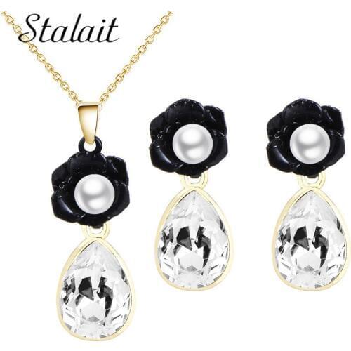 Fashion Water Drop Design Pear Cut Cubic Zircon Pearl Rose Flower Necklace And Earrings Jewelry Set For Women Gifts