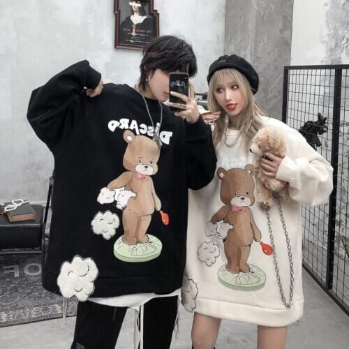 2021 Spring New Womens Sweatshirt Japanese Plus Velvet All-match O-neck Tops Harajuku Vintage Loose Couple Long-sleeve Clothes