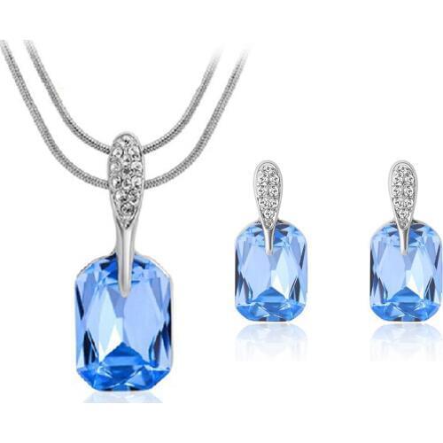 Ociki Cubic Zirconia Blue Crystal Square Necklace and Earrings Jewelry Set for Women Girls Gift Drop Shipping Jewelry Wholesale