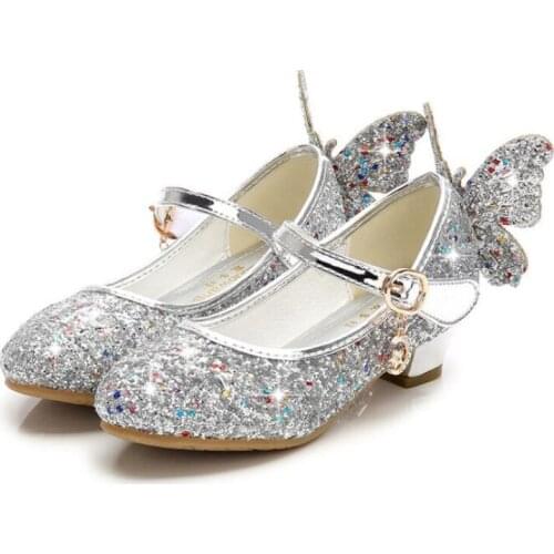 Princess Kids Leather Shoes for Girls Wing Casual Glitter Children High Heel Girls Party Shoes Butterfly Knot Blue Pink Silver