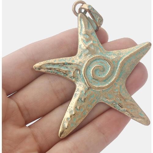 2PCS Verdigris Patina&Gold Large Starfish Spiral Vortex Charms Pendants for Necklace Making Jewelry Findings 70x67mm