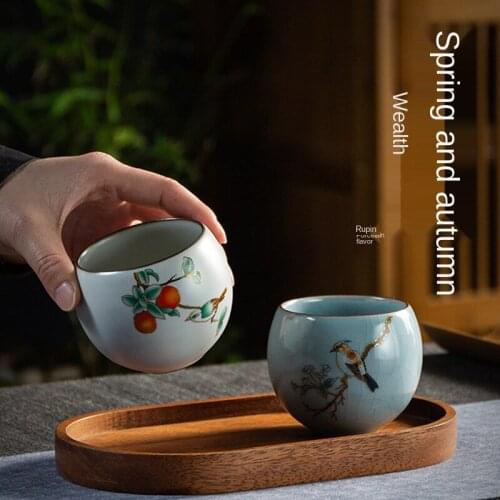 Ru-Porcelain Tea Cup Ceramic Kung Fu Couple Cups Ru Ware Natural Crack Supportable Master Cup Personal Cup Single Cup Gift Box