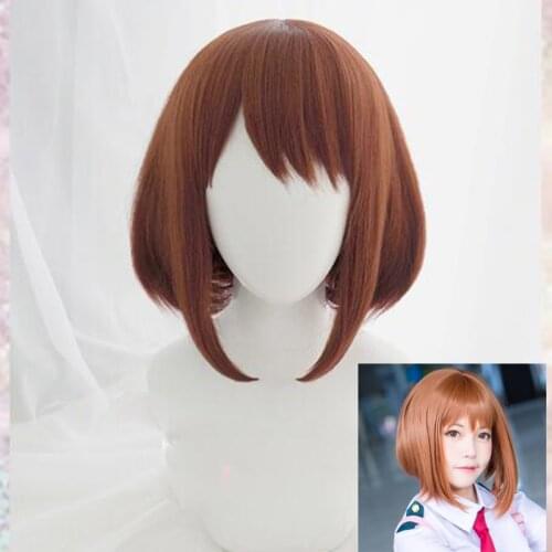 Anime My Hero Academia Ochako Uraraka Short Brown Bob Heat Resistant Cosplay Costume Wig + Wig Cap