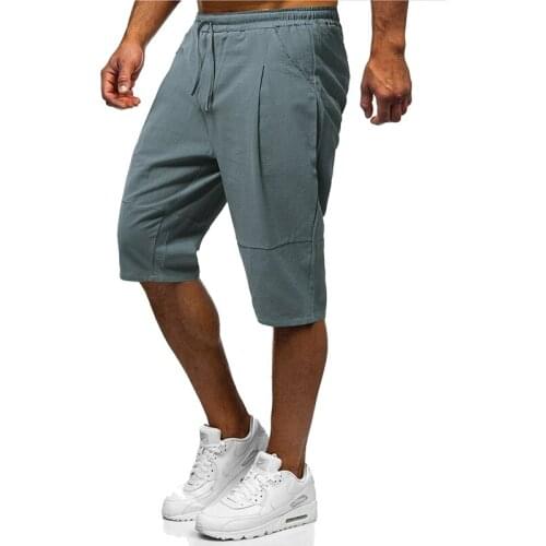 Summer cotton linen Shorts Men Solid color Loose Breathable running sports bermuda Knee length Mens casual shorts