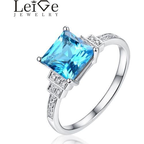 Leige Jewelry Swiss Blue Topaz Ring 925 Silver Jewelry Princess Cut Gemstone Anniversary Wedding Rings for Women Christmas Gift