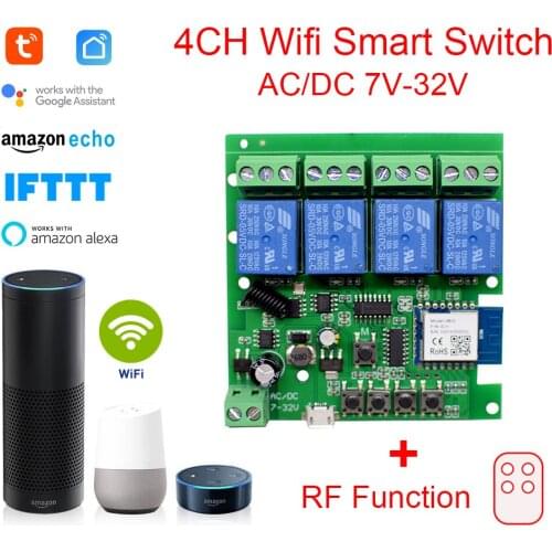 Wifi Smart Light Switch Wifi Module DC 5/12/32V RF 433 Receiver 10A Relays Work with Alexa Google Assistant Tuya Smart Life