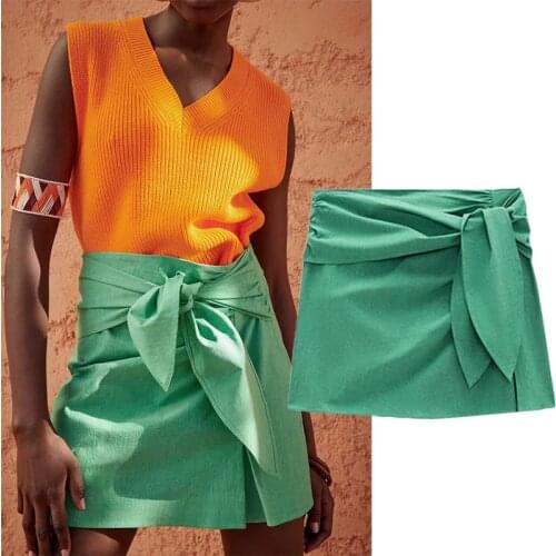 WESAY JESI Womens Fashion Mini Skirt Summer 2021 Chic With Bow Vintage Green High Waist Side Zipper Female Elegant Skirts Mujer