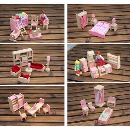 6 set style Funny Kids Pretend Role Wooden Toy Dollhouse Nursery Room dining room living romm Miniature Furniture