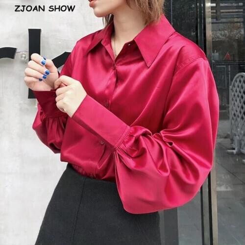 2020 Bright Wine Red Long sleeve Satin Shirt Like Silk Casual Women Lapel Hem Irregular Elegant Blouse Loose Tops Korean Clothes