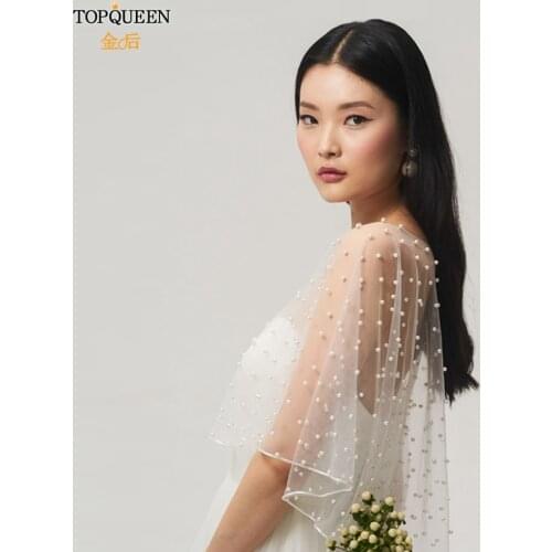 TOPQUEEN G27 Bridal Jacket Pearls Beaded Piping Round Neck Sleeveless Cape Bridal Shawl Luxury Wedding Shawl Wrap Pearl Cape