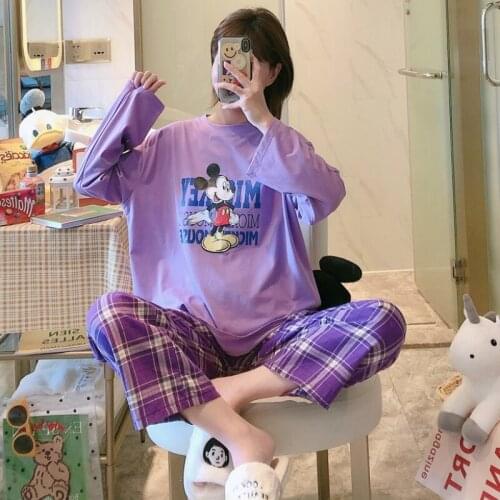 Disney Mickey Printed Womens Pajama Autumn Plus Size Two-piece Set Brief Fashion Long Sleeve Home Clothes Female Sleepwear Fall