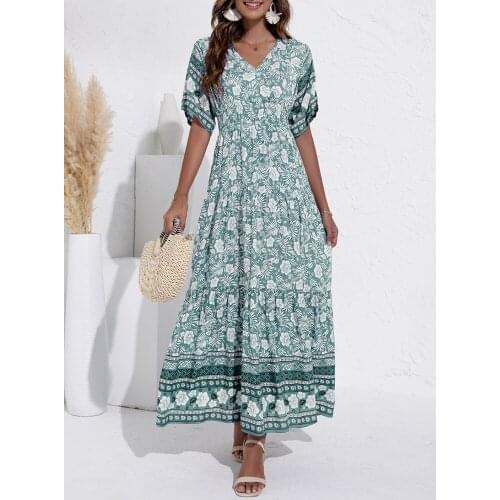 ATUENDO Summer Bohemian Sexy Dress for Women Fashion Vintage Solid Green Maxi Robe Casual Wedding Guest High Waist Lady Dresses