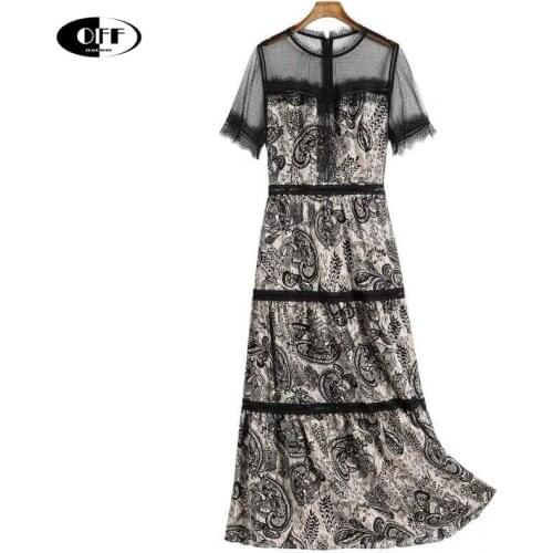 Summer Short Sleeved maxi dress vintage ladies Sexy Lace Stitching A-line Office Mesh Elegant women Dresses vestidos robe
