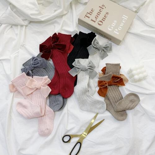 12 Pairs/lot Korea Velvet Bows Socks For Toddler Baby Cotton Skarpetki Kawaii Winter Leg Warmer Girls Knee High Socks Long