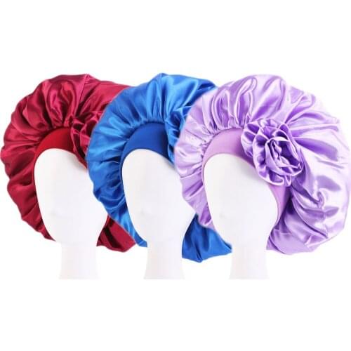 3pcs New Fashion Women Satin Night Sleep Cap Hair Bonnet Hat Silk Head Cover Wide Elastic Band Flower Solid Color Hair Loss Hat