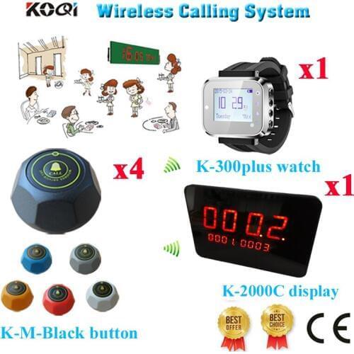 Wireless Call Pager System Voice Reporting Receiver Host Call Bell Transmitter Button Set( 1 display+ 1 watch+ 4 call button)