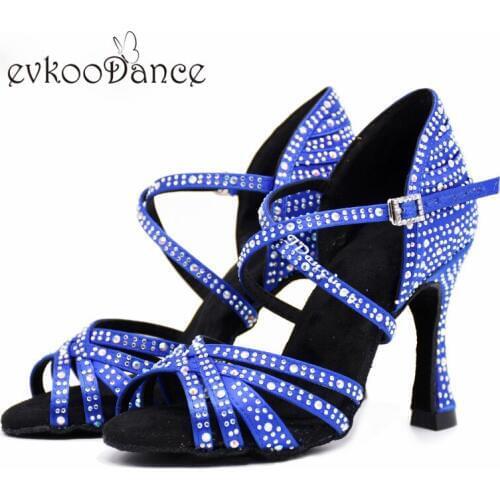 Evkoodance Heel Height 9-9.5cm Size US 4-12 Dance Shoes Zapatos De Baile Blue/Black with rhinestone Professional Evkoo-562