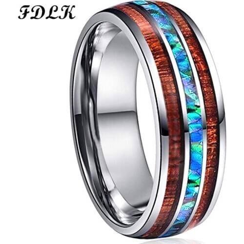 FDLK Hot Sale Wood Inlay Rings for Men 8 MM Width Shell Stainless Steel Ring Fashion Male Jewelry Party Accessories